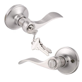 Gobrico satin nickel keyed-entry lever front view showing secure exterior access