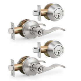Gobrico satin nickel lever and deadbolt lockset for secure front door entry