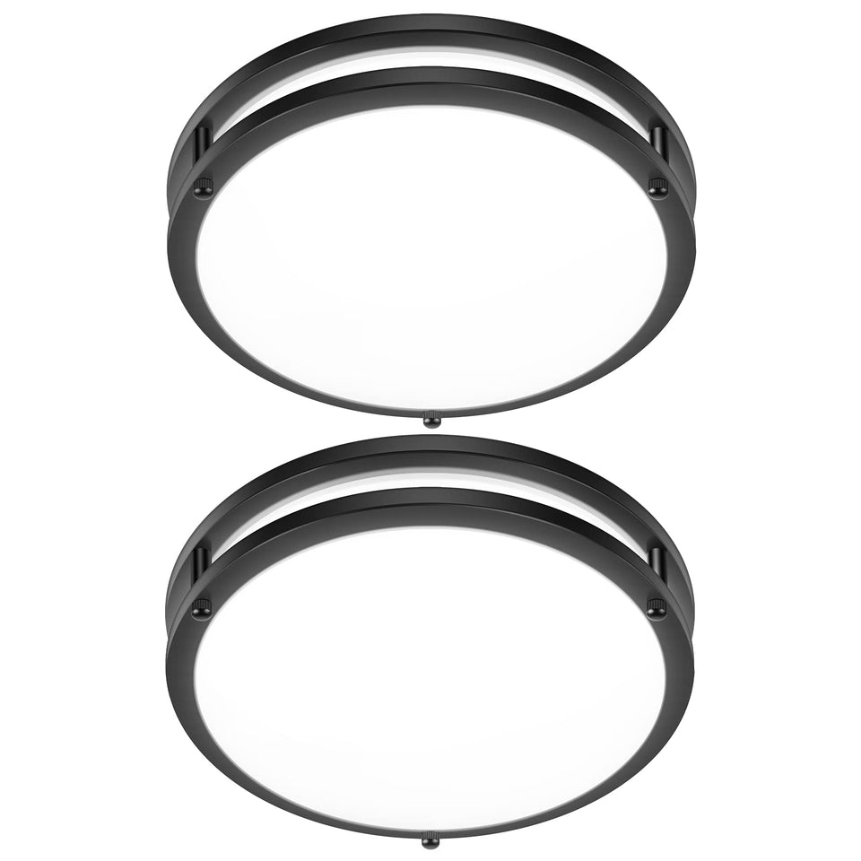 GoBright 12-inch flush mount front view in black finish for modern interiors