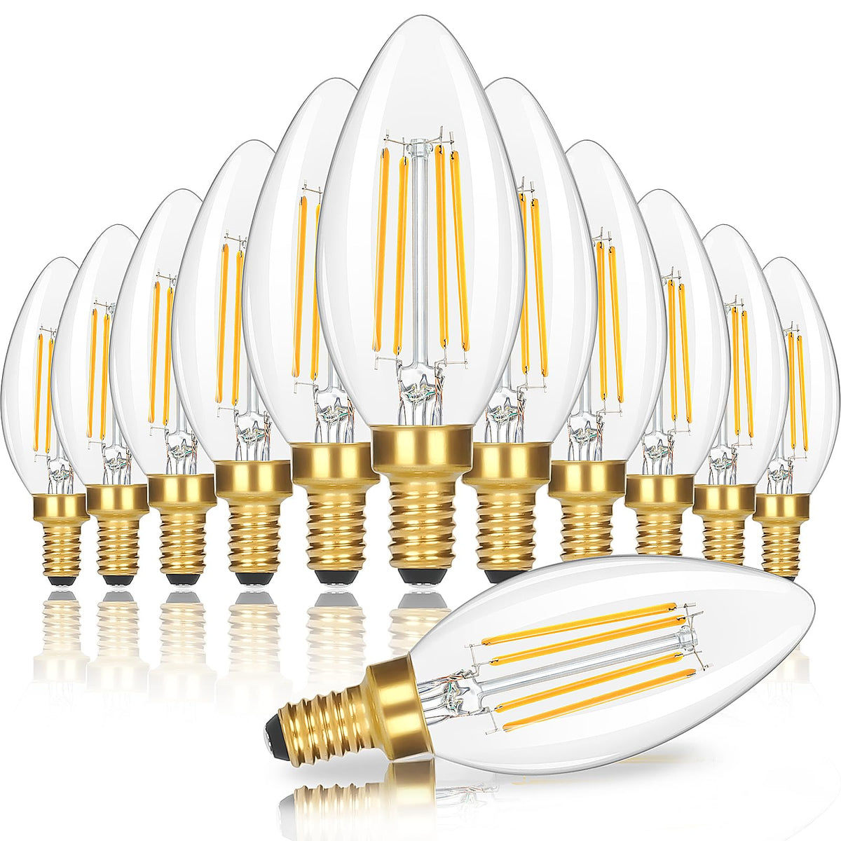 GoBright dimmable E12 candle bulbs with clear glass and gold base illuminate fixtures with retro elegance