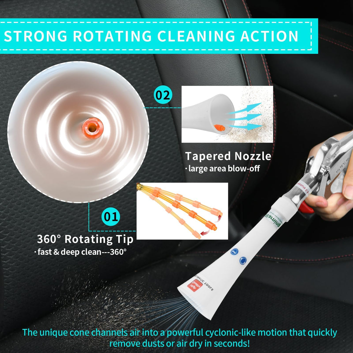 Aluminum gun bar delivers durable, precise cleaning in tight car seams and crevices.