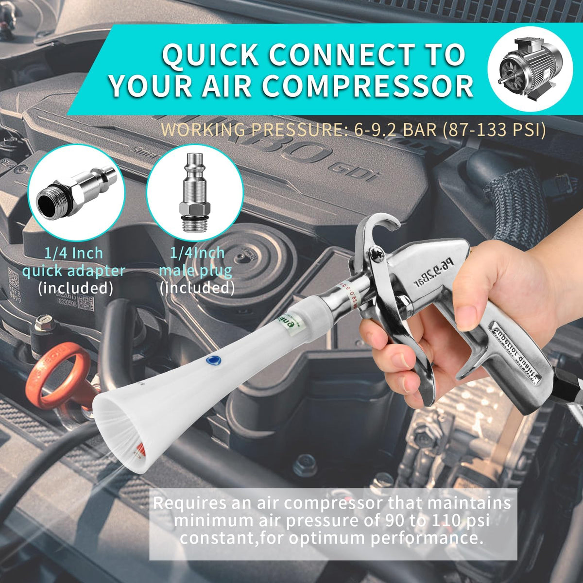 High-pressure air blast from GOCCIDA gun quick-drying car surfaces.