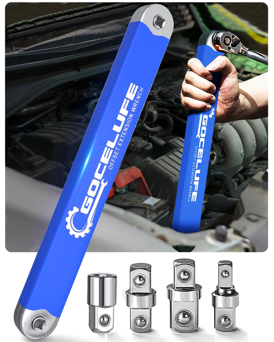 Gocelufe offset extension wrench enables tight reach in cramped engine bays.