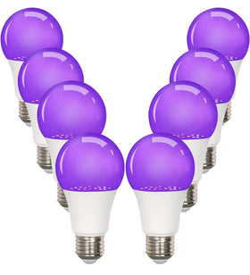 GODUORA 8-pack UV LED Black Light Bulbs in A19 shape for bright fluorescence at home.