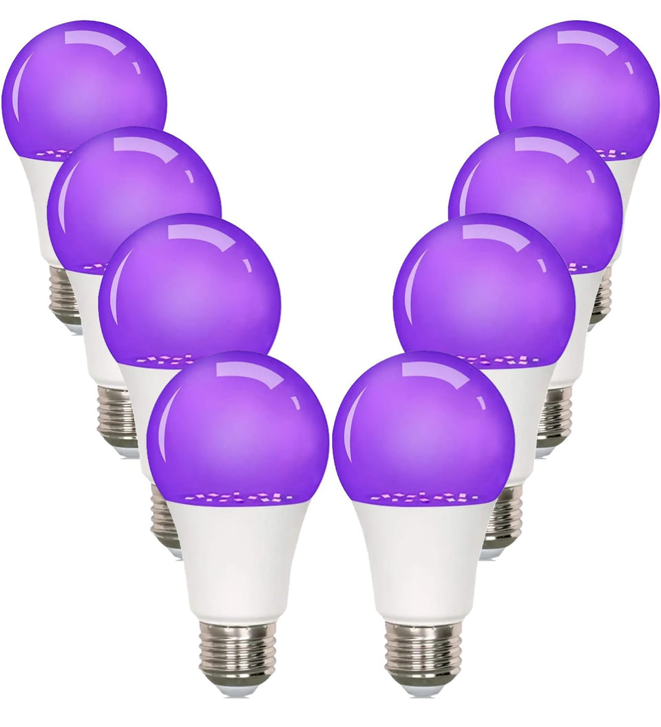 GODUORA 8-pack UV LED Black Light Bulbs in A19 shape for bright fluorescence at home.