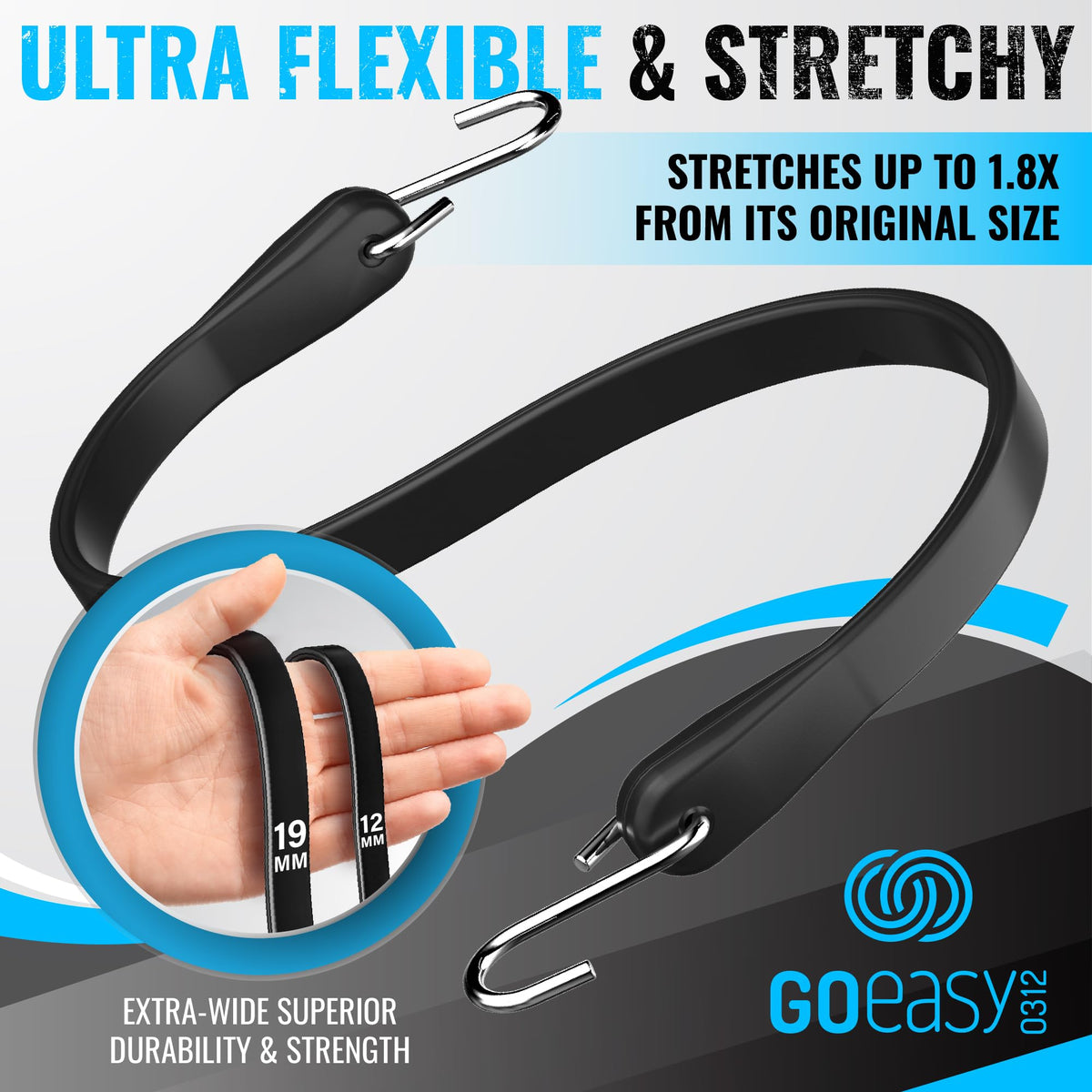 GOEASY0312 bungee cords with zinc-plated S-hooks provide rust-resistant, quick fastening.