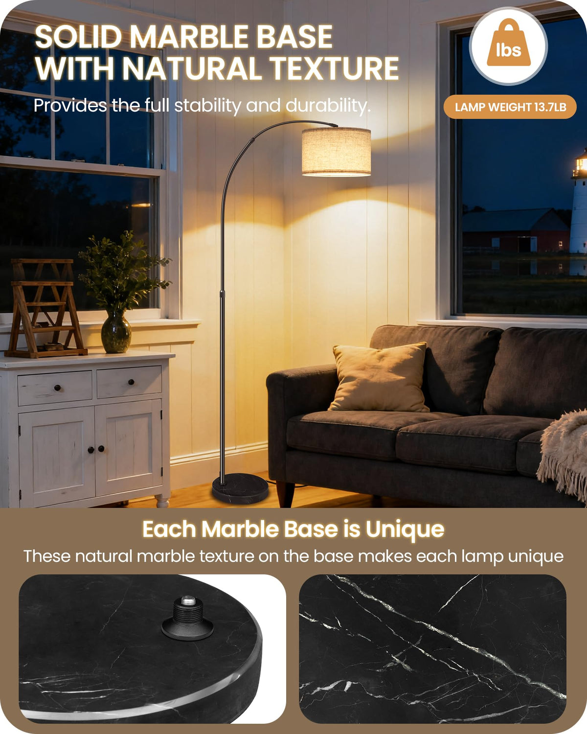 GOEBLESON arc lamp marble-base height adjustability supports flexible seating and reading