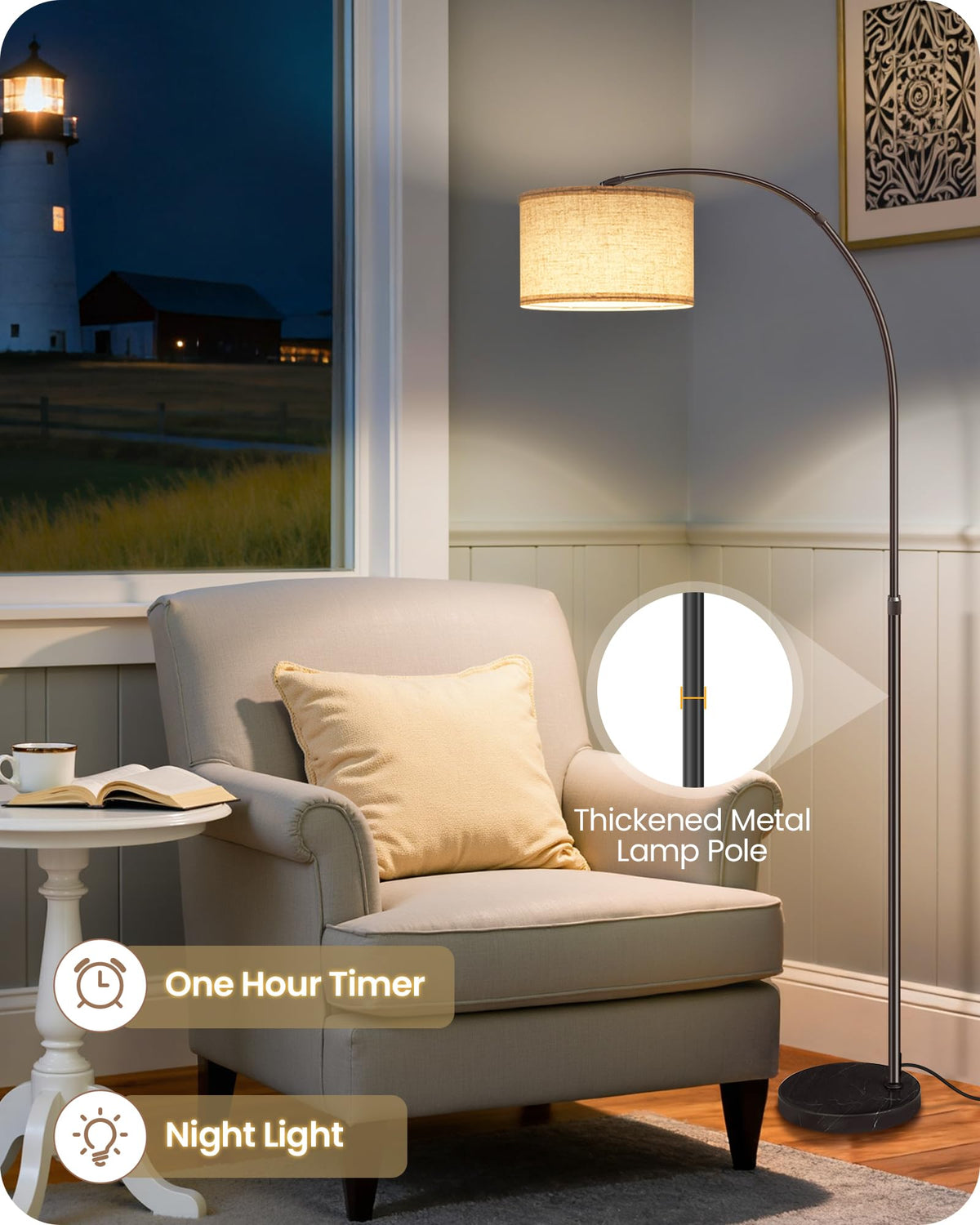 GOEBLESON arc lamp linen shade emits warm, diffused glow