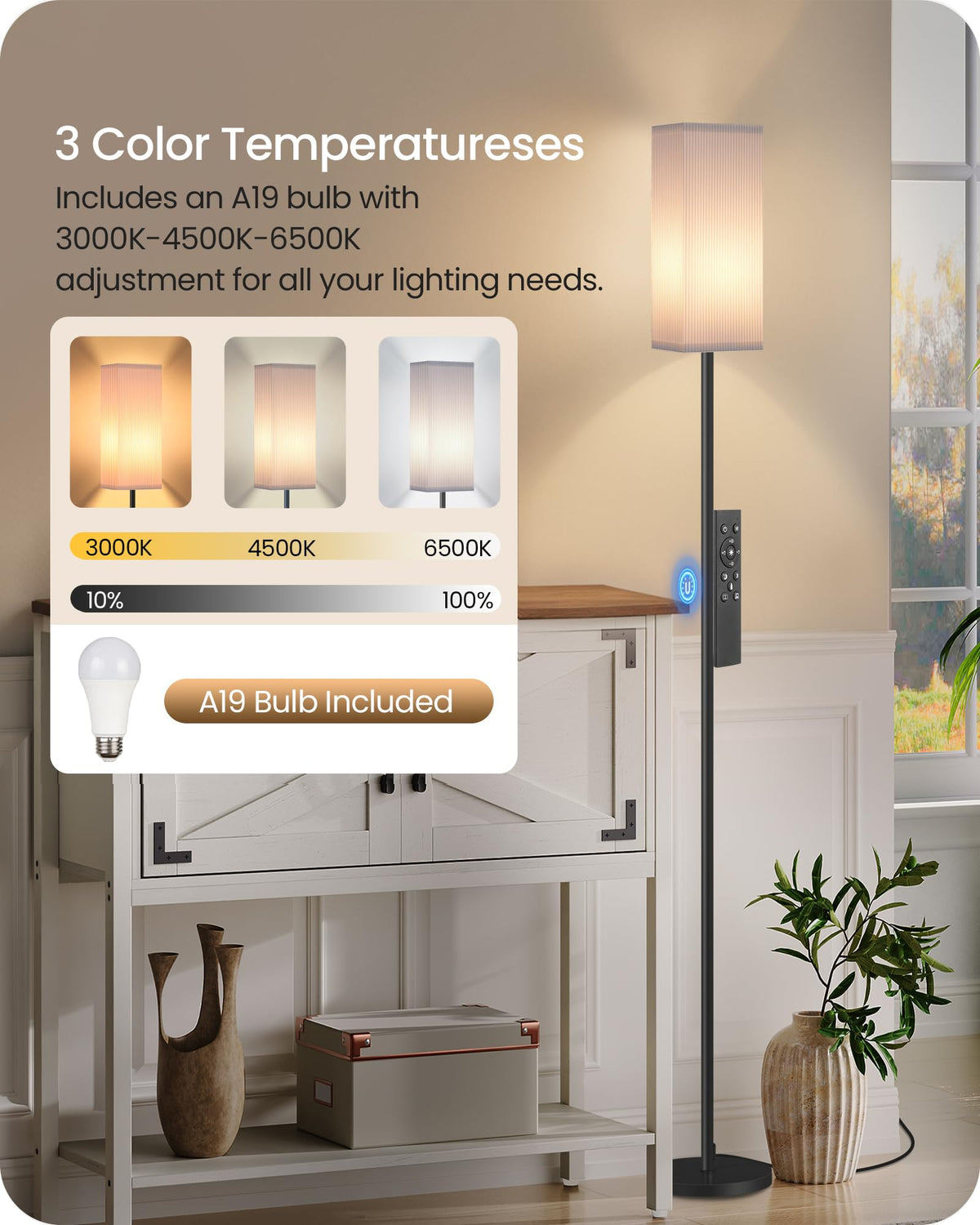 GOEBLESON corner floor lamp with remote optimizes small rooms