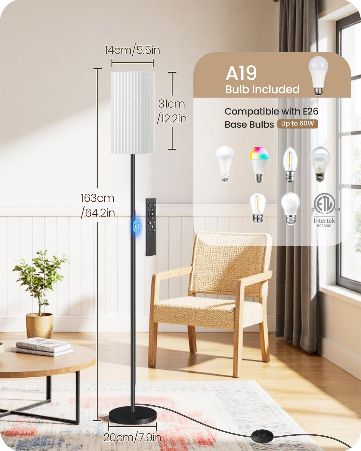 GOEBLESON dimmable floor lamp with foot switch for hands-free on/off