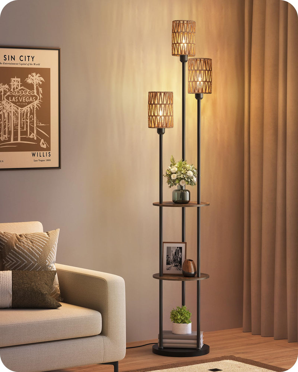 GOEBLESON floor lamp with three rattan shades diffuses warm light for cozy spaces