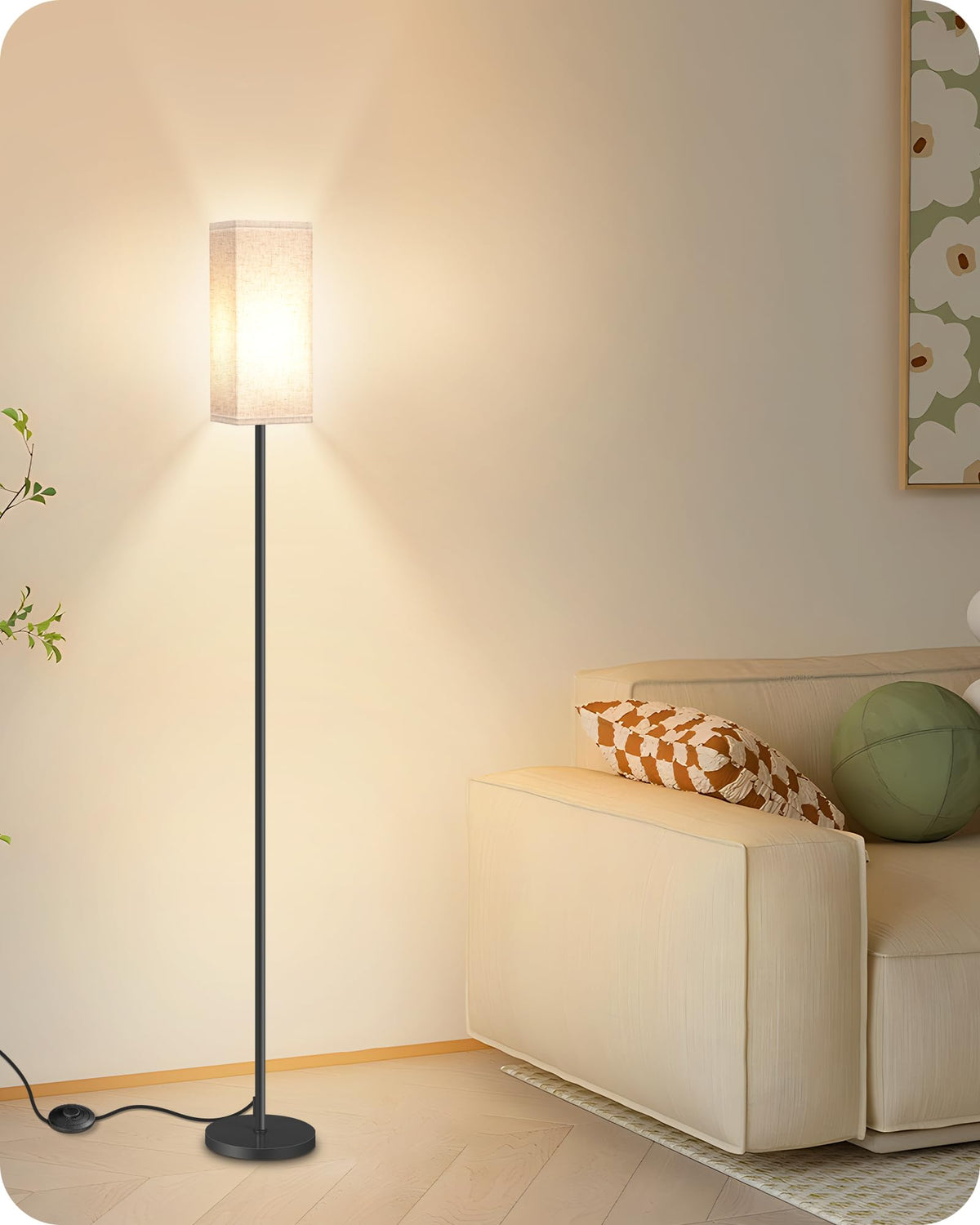 GOEBLESON floor lamp linen shade diffuses soft light.