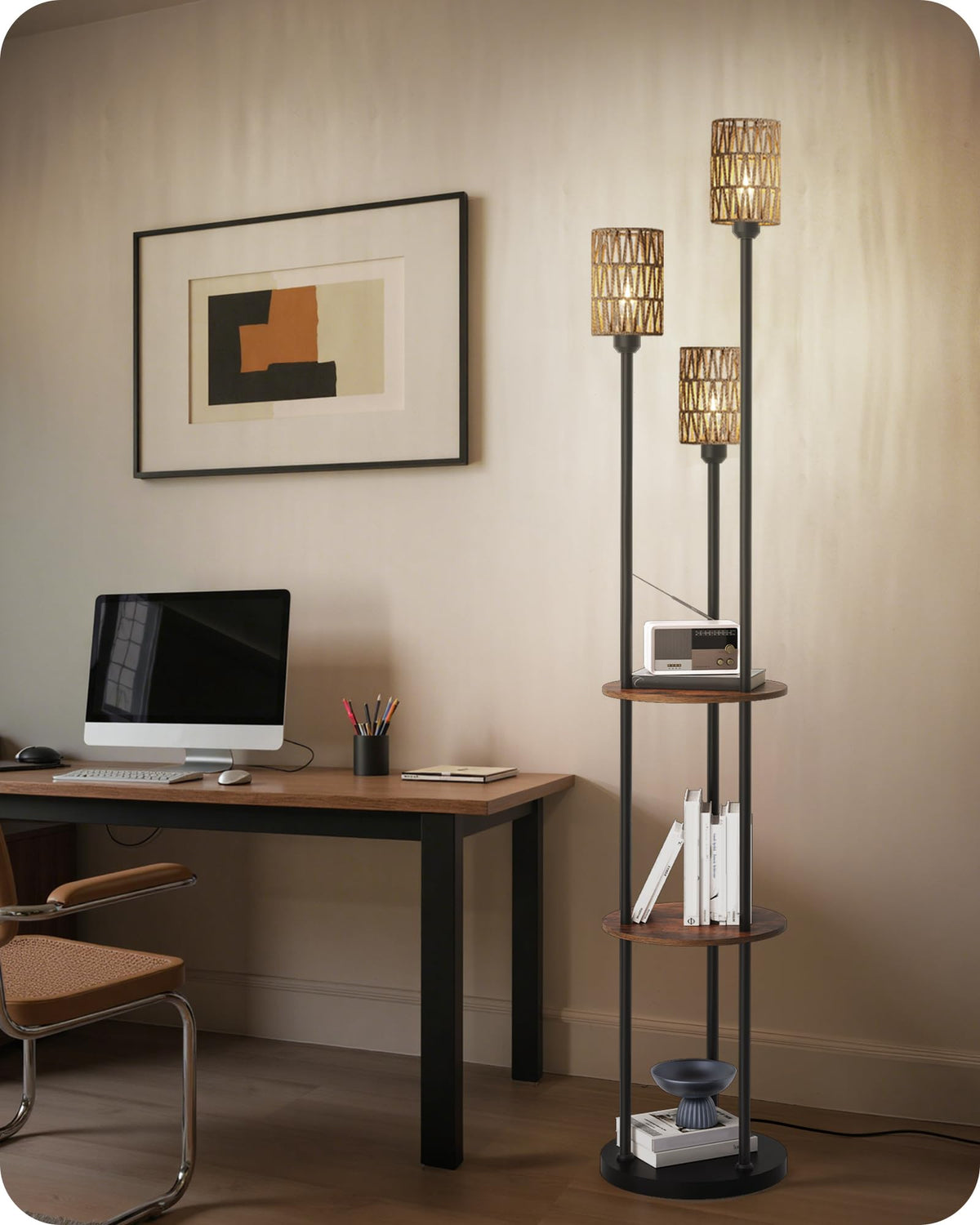 GOEBLESON blends soft light with practical shelves for a cozy corner