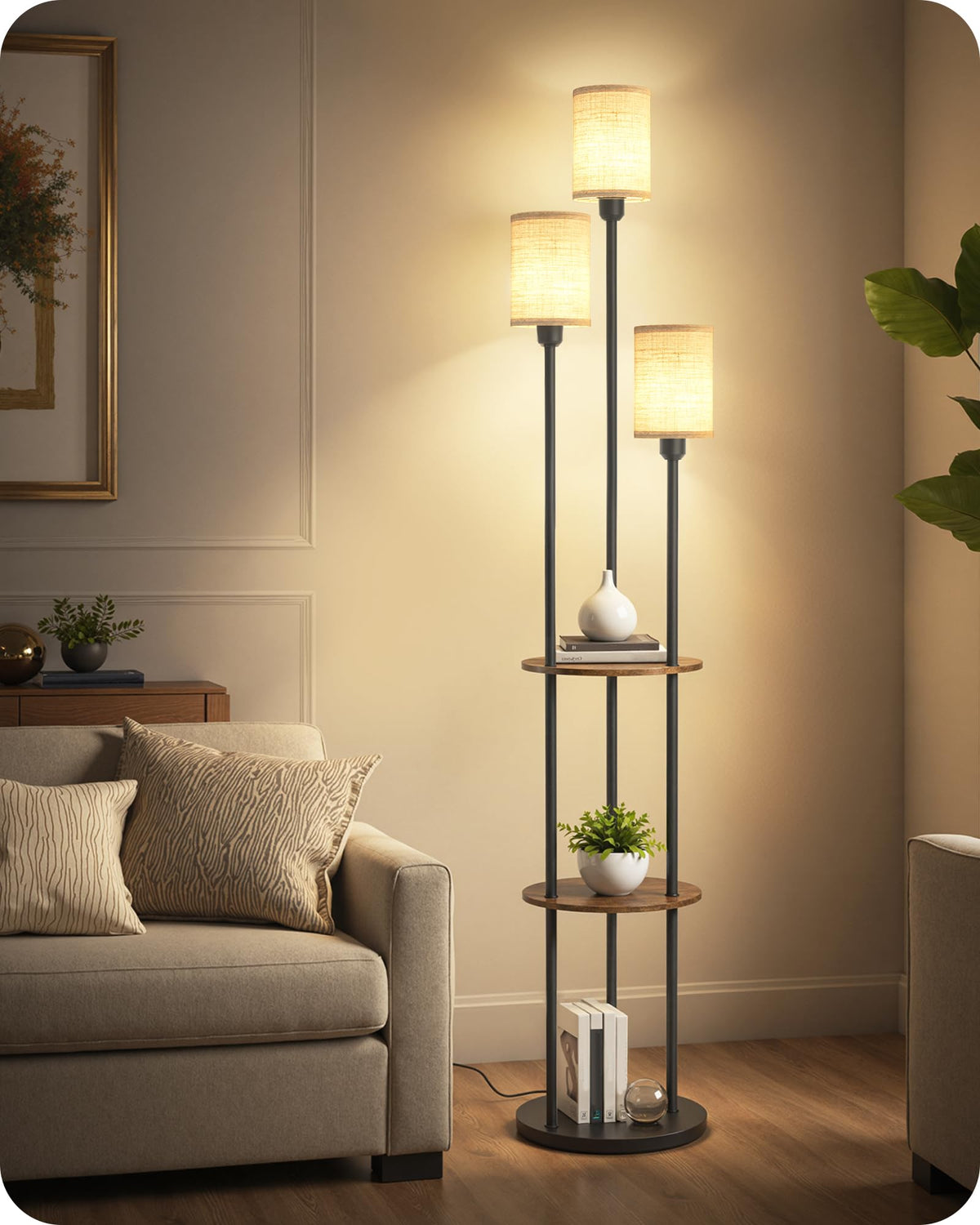 GOEBLESON floor lamp with shelves and three shades lights a living room area