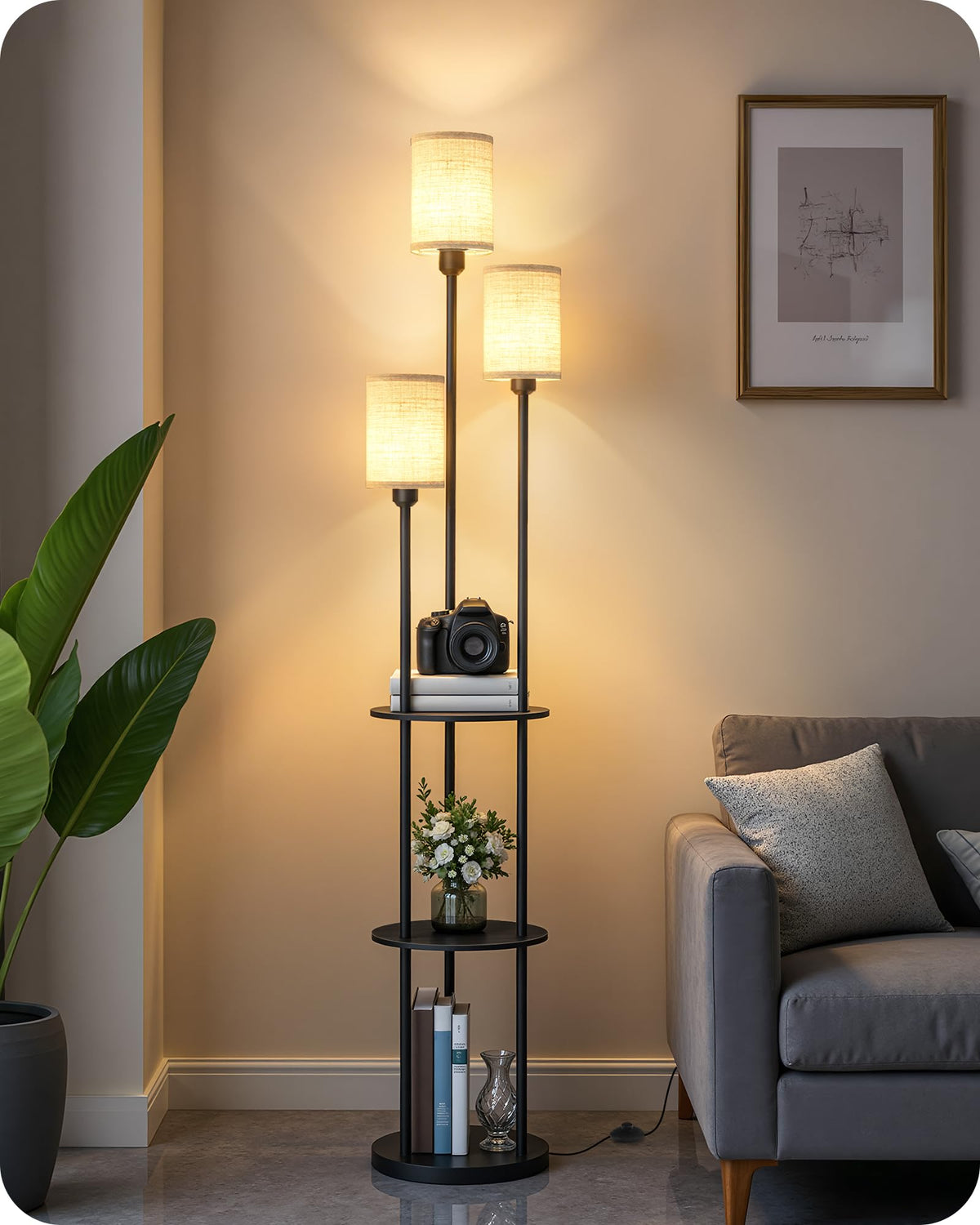 Goebleson floor lamp with three linen shades for warm ambient lighting