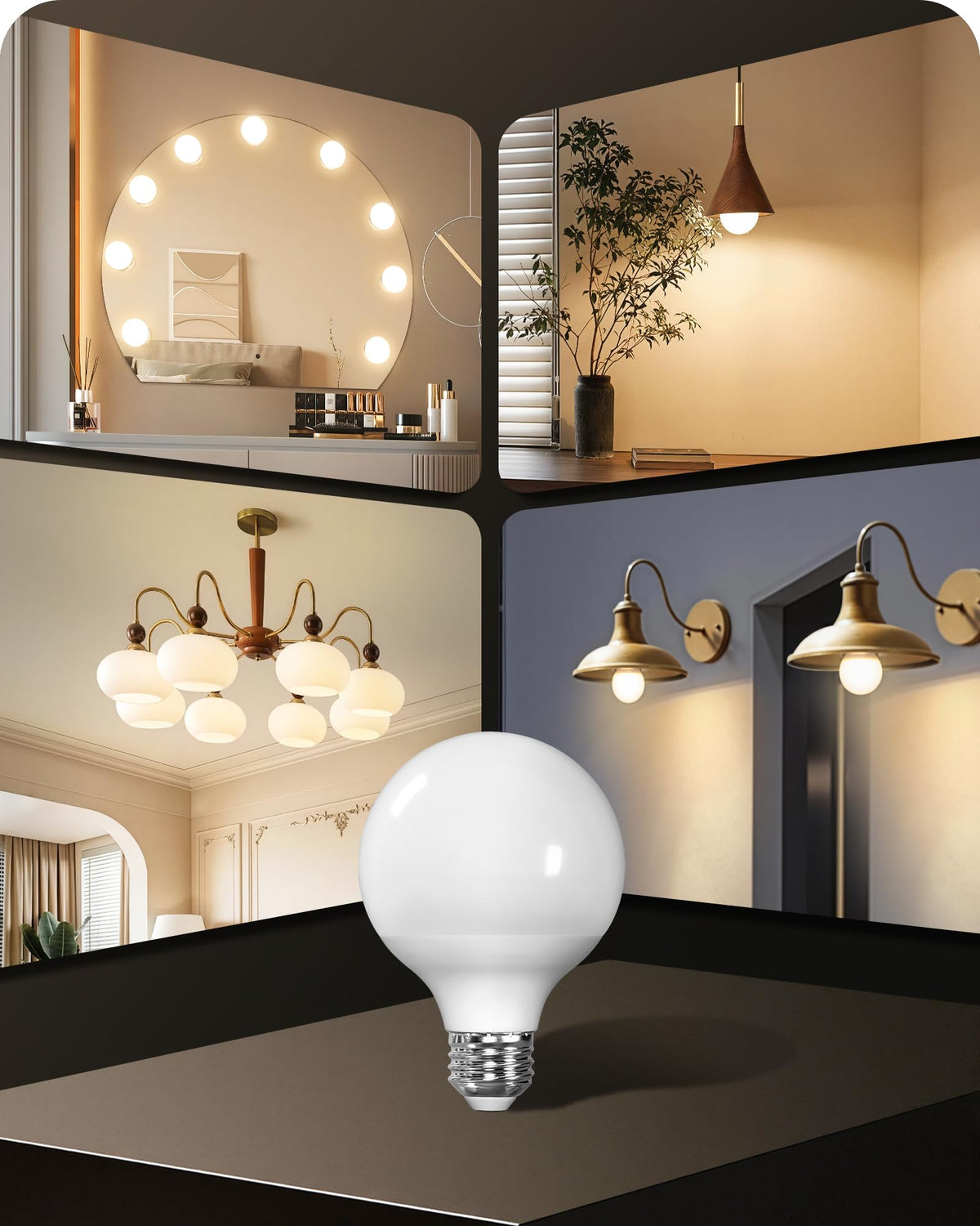 GOEBLESON G25 bulbs illuminate bedrooms with 2700K warm glow.