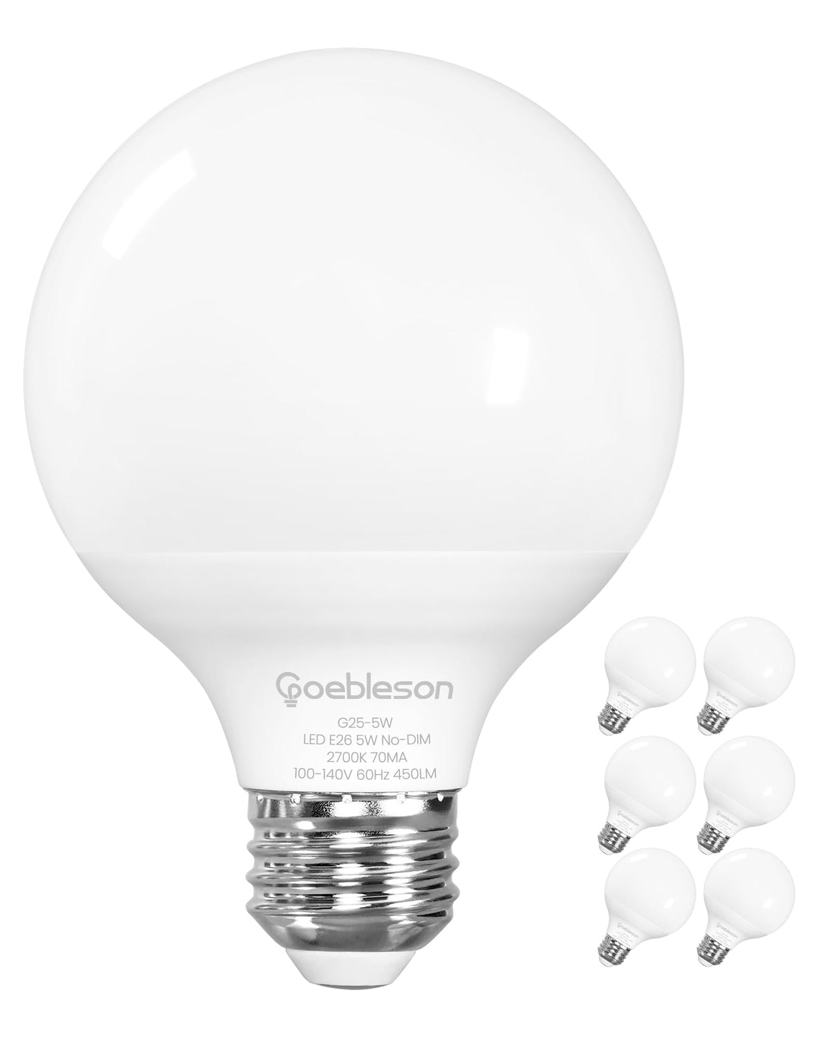 GOEBLESON G25 globe bulb, front view, delivers warm, soft lighting for vanity mirrors.