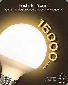 GOEBLESON G25 globe bulb, vanity mirror setup, non-dimmable warm glow.