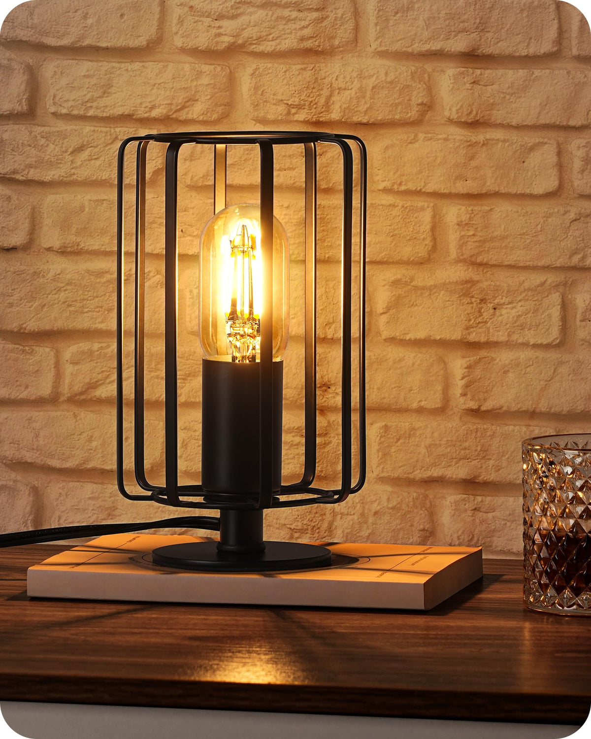 GOEBLESON small table lamp front view with vintage cage for bedside lighting