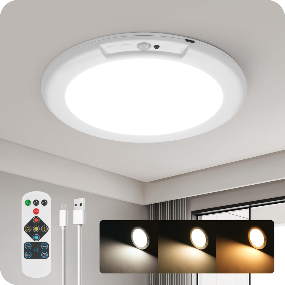GOEBLESON rechargeable ceiling light with magnetic back plate enables quick mounting and recharge.