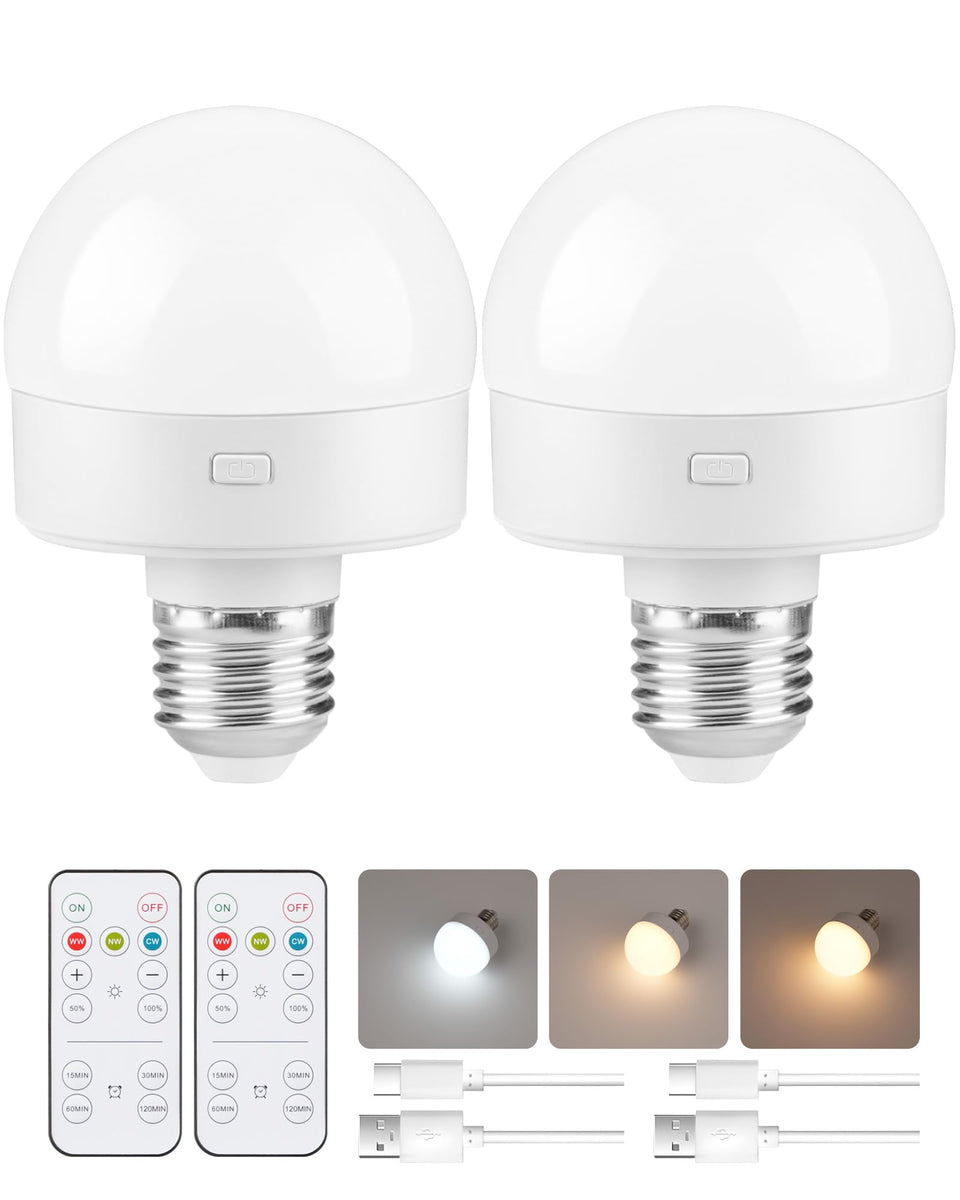 GOEBLESON rechargeable light bulb with remote for easy dimming and color control.