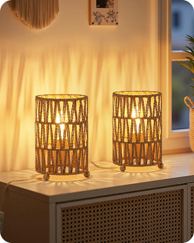 GOEBLESON small rattan table lamp pair on nightstands for cozy bedside ambiance
