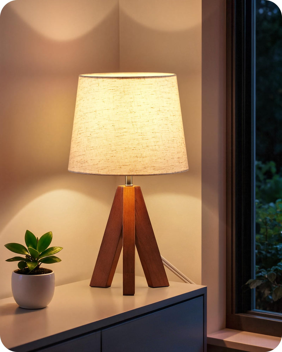 GOEBLESON tripod table lamp base in dark wood for stable bedside lighting