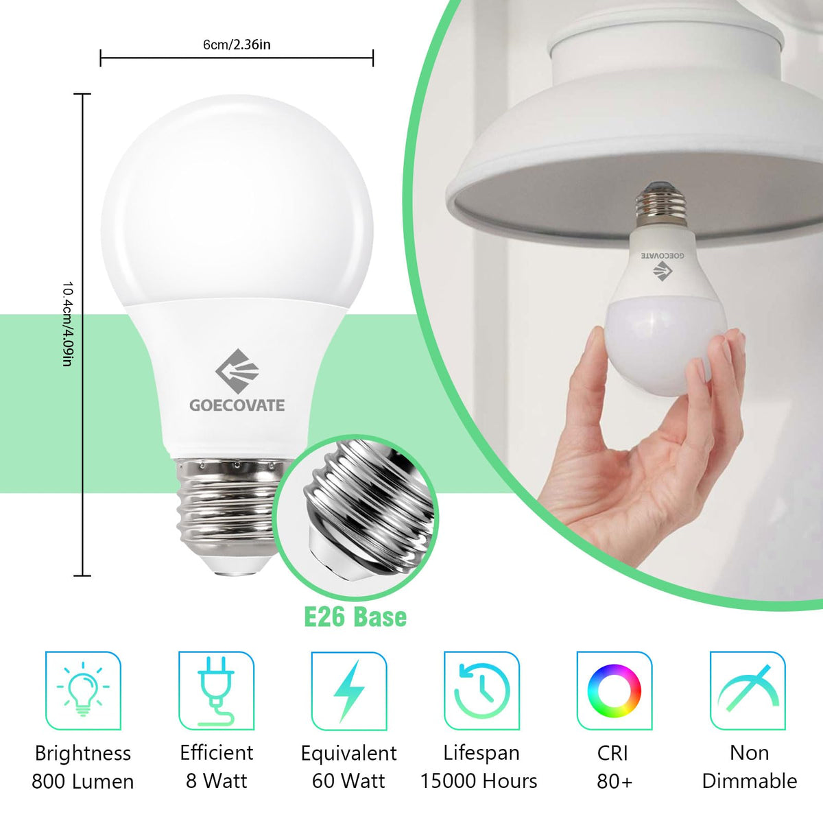 GOECOVATE 8W LED bulbs with E26 base for easy fixture replacement.