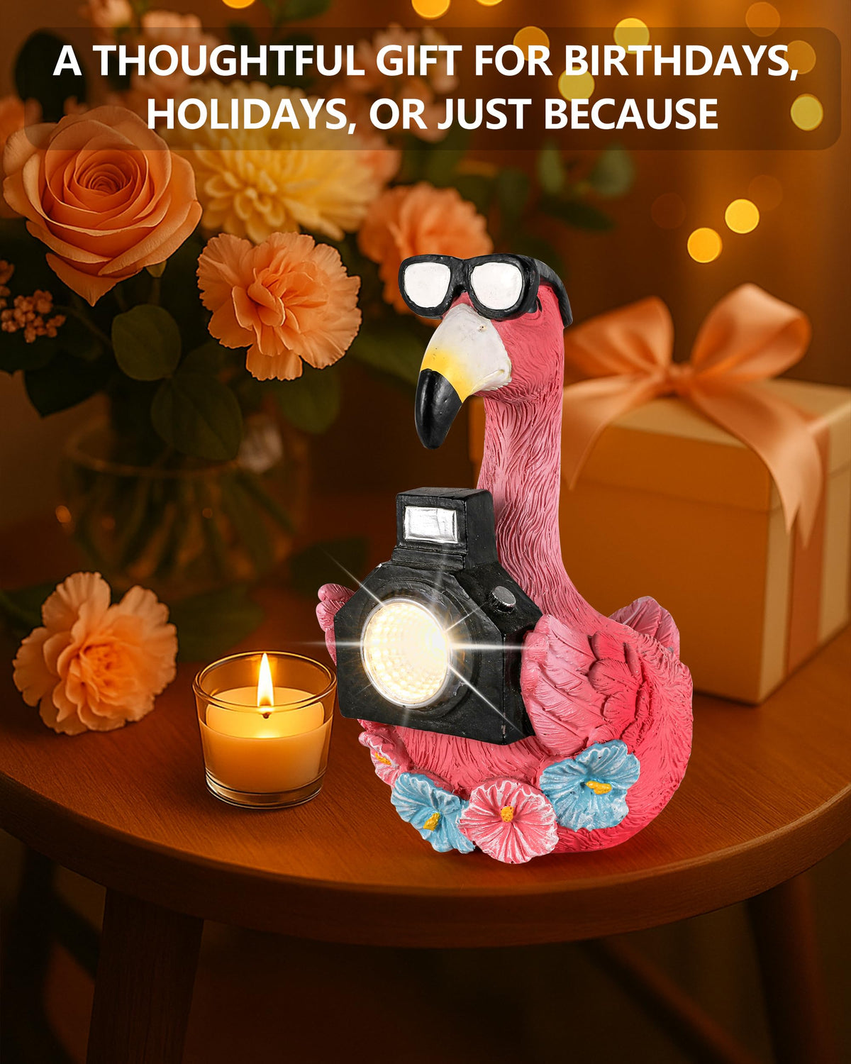 Compact GoGnome flamingo statue fits on balcony or shelf