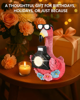 Compact GoGnome flamingo statue fits on balcony or shelf