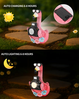 GoGnome flamingo statue wearing glasses adds whimsy to patio