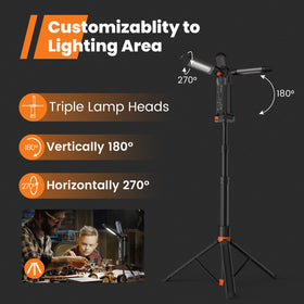 Gogonova triple lamp heads deliver broad coverage for workshops and camping.
