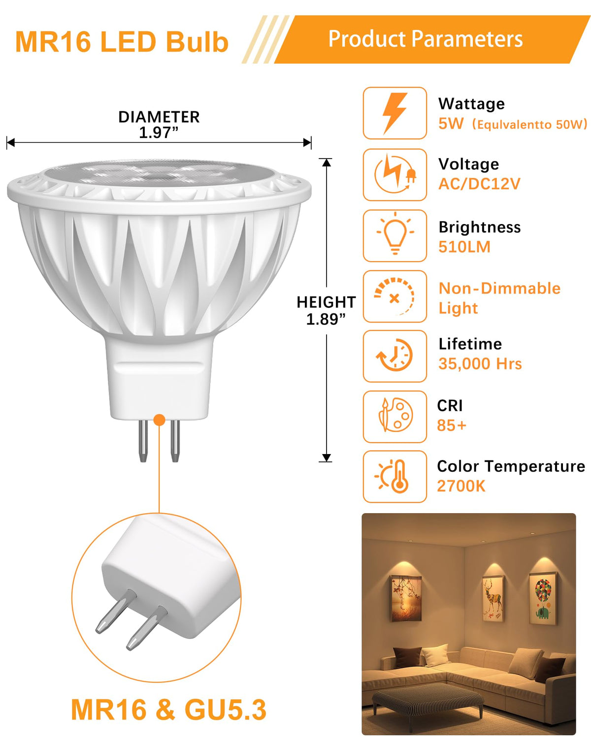 GOHDLAMP MR16 38-degree beam highlights art and features with precision