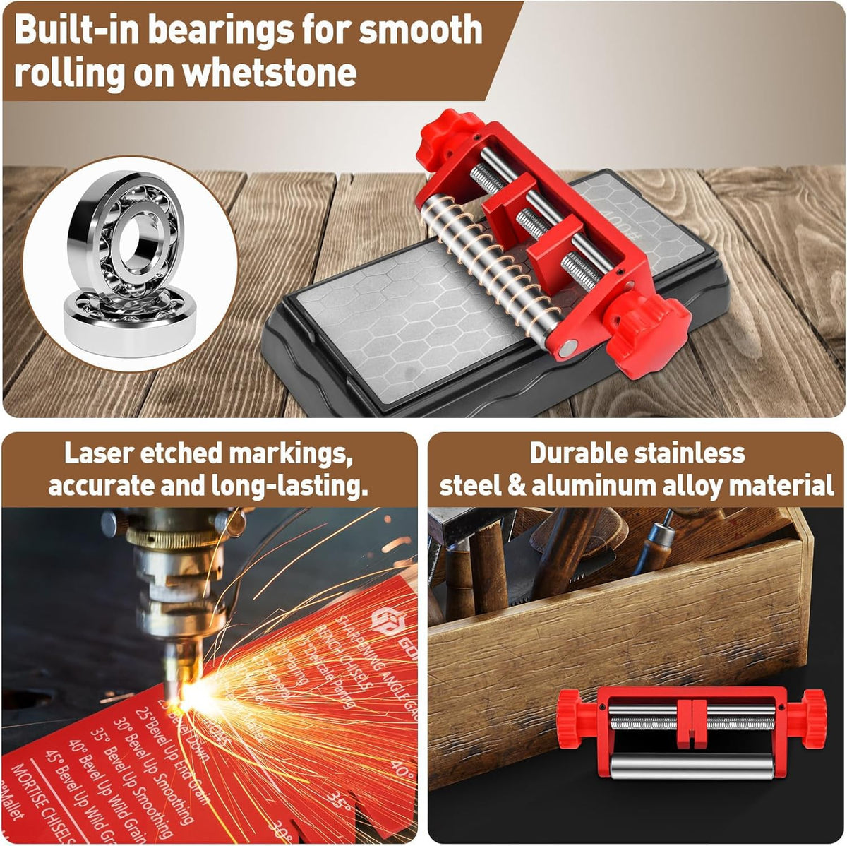 Gohelper Chisel Sharpening Jig angle fixture system ensuring accurate bevel alignment.