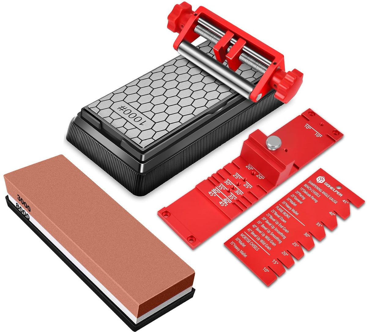 Gohelper Chisel Sharpening Jig front view with a secure dual-jaw clamp for consistent bevels.