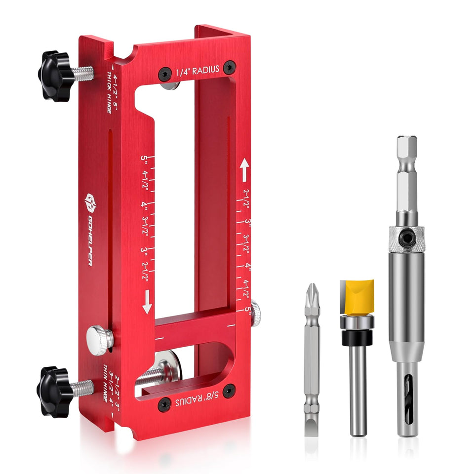 Gohelper door hinge jig in aluminum demonstrates precise mortising for consistent hinge alignment.