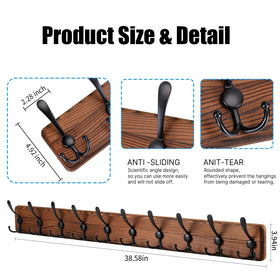 Gohiuo Rustic solid pine wood coat rack close-up highlights sturdy construction.