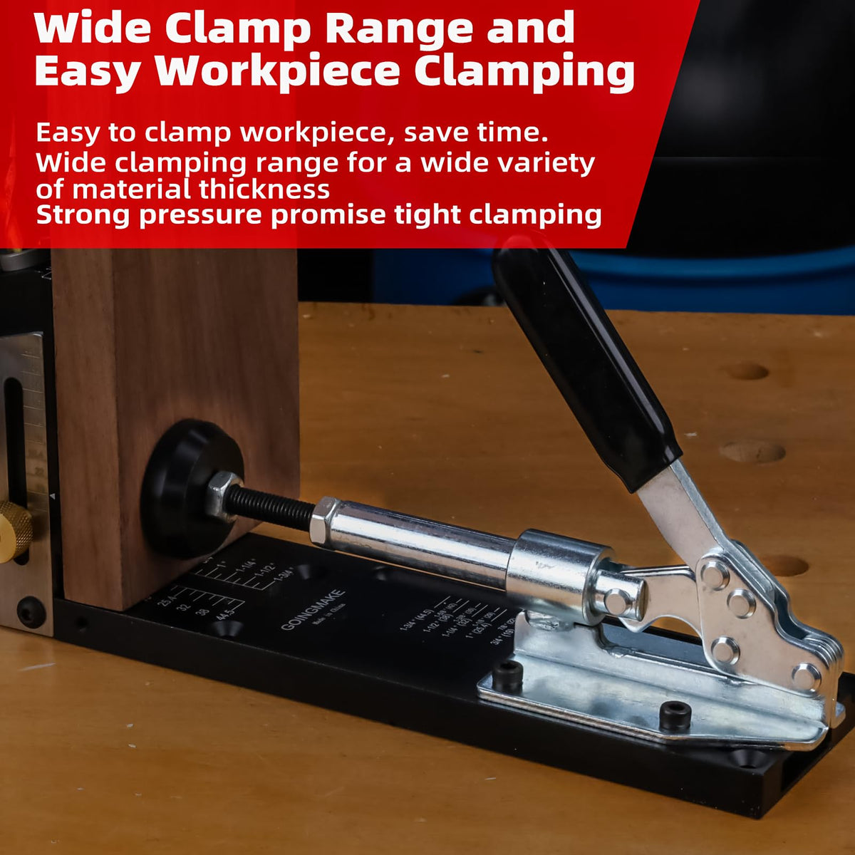 GOINGMAKE adjustable drill guide fits 1/2 to 1-3/4 inch stock for versatile projects.
