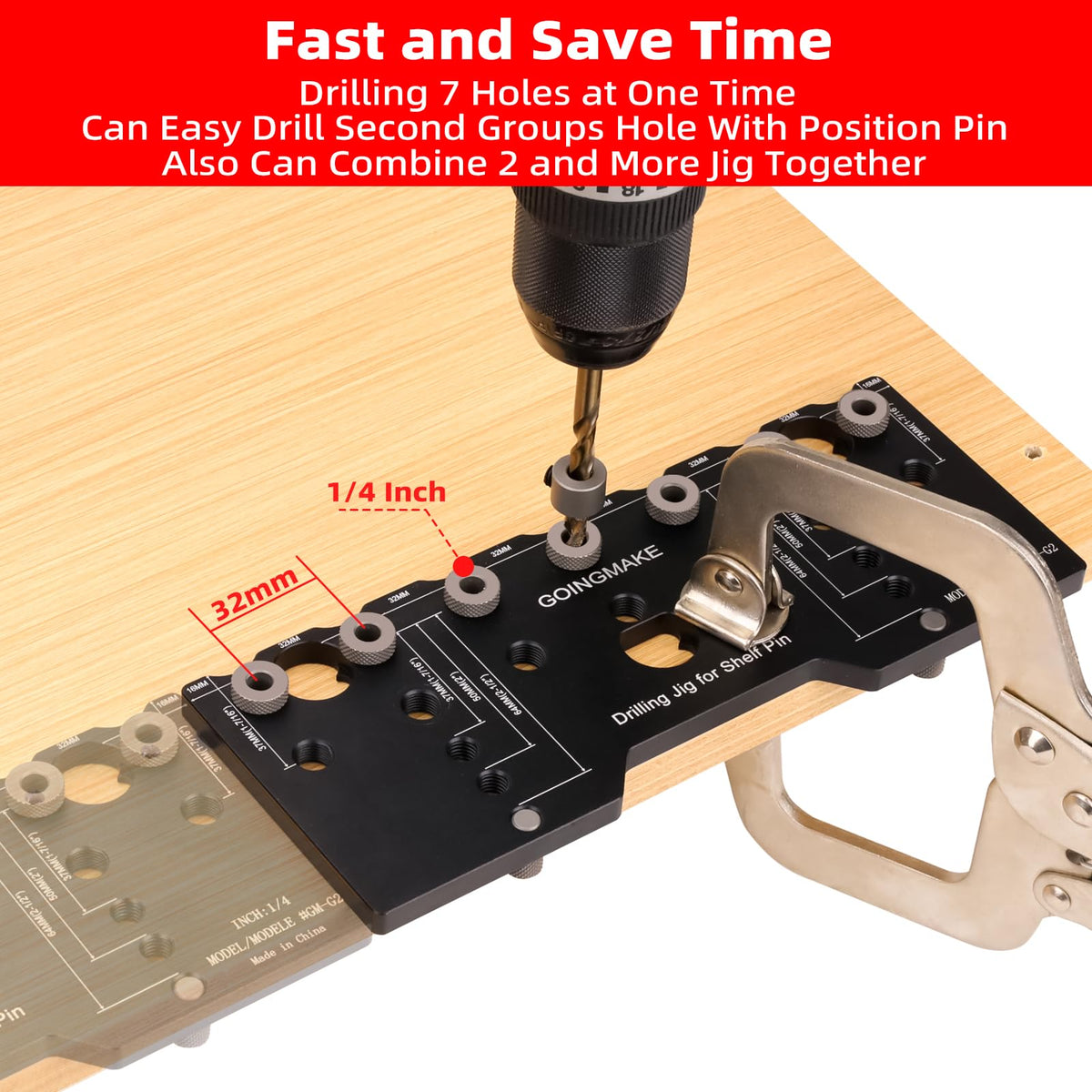 GOINGMAKE cabinet template setup supports 32mm and 1/4 inch hole sizing.