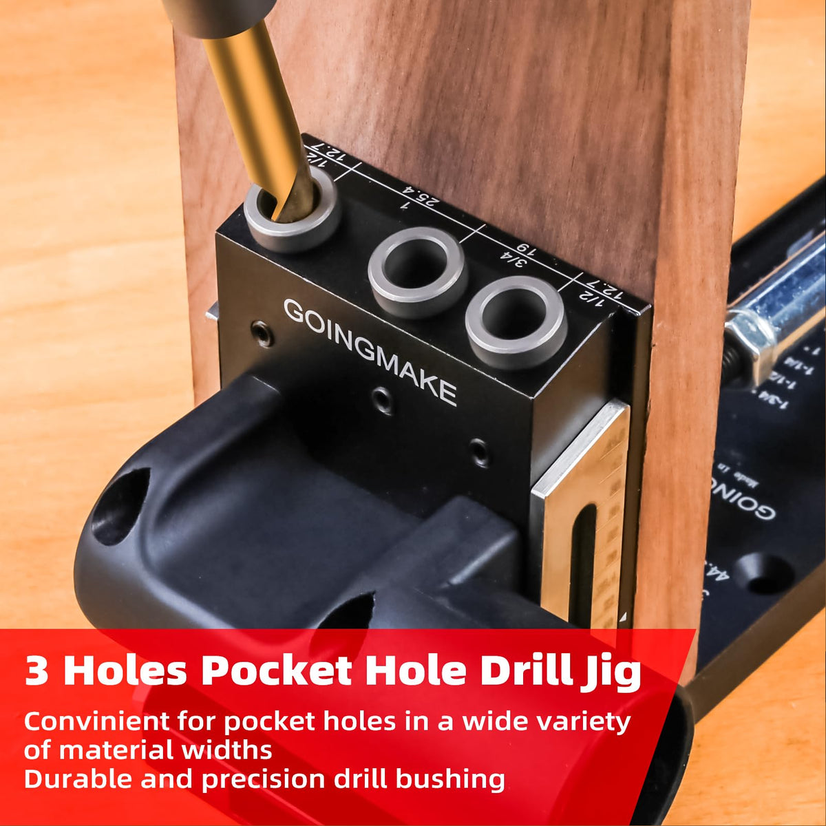 GOINGMAKE dust collection hose keeps the work area clean during drilling.