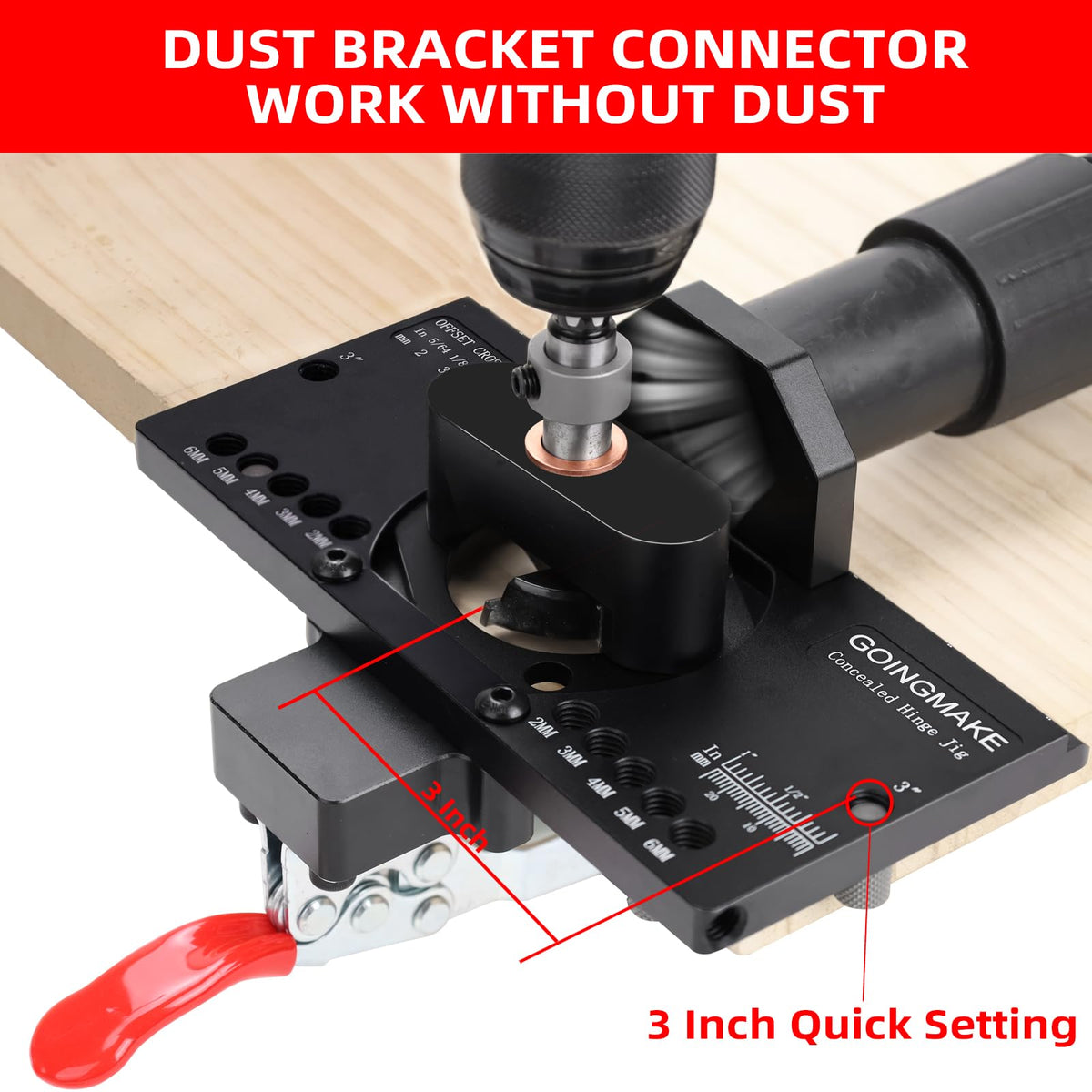 GoingMake dust vacuum adapter enables dust-free hinge drilling.