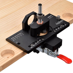 GoingMake hinge jig setup view shows precise cabinet door alignment.