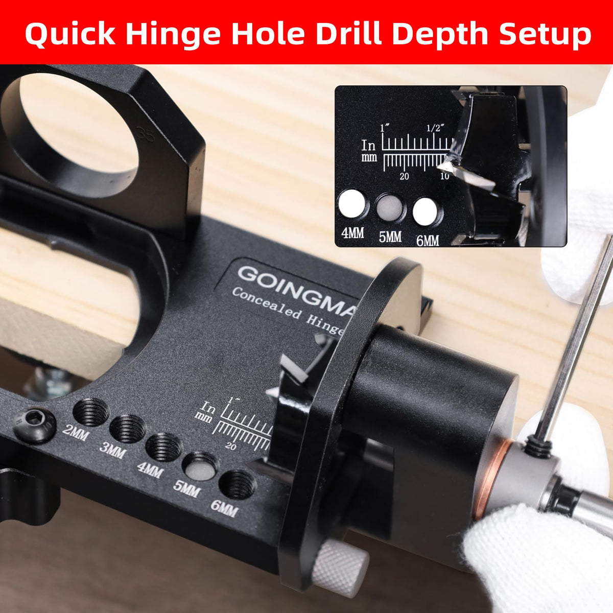 GoingMake jig mounted on wood provides clean, accurate hinge installation.