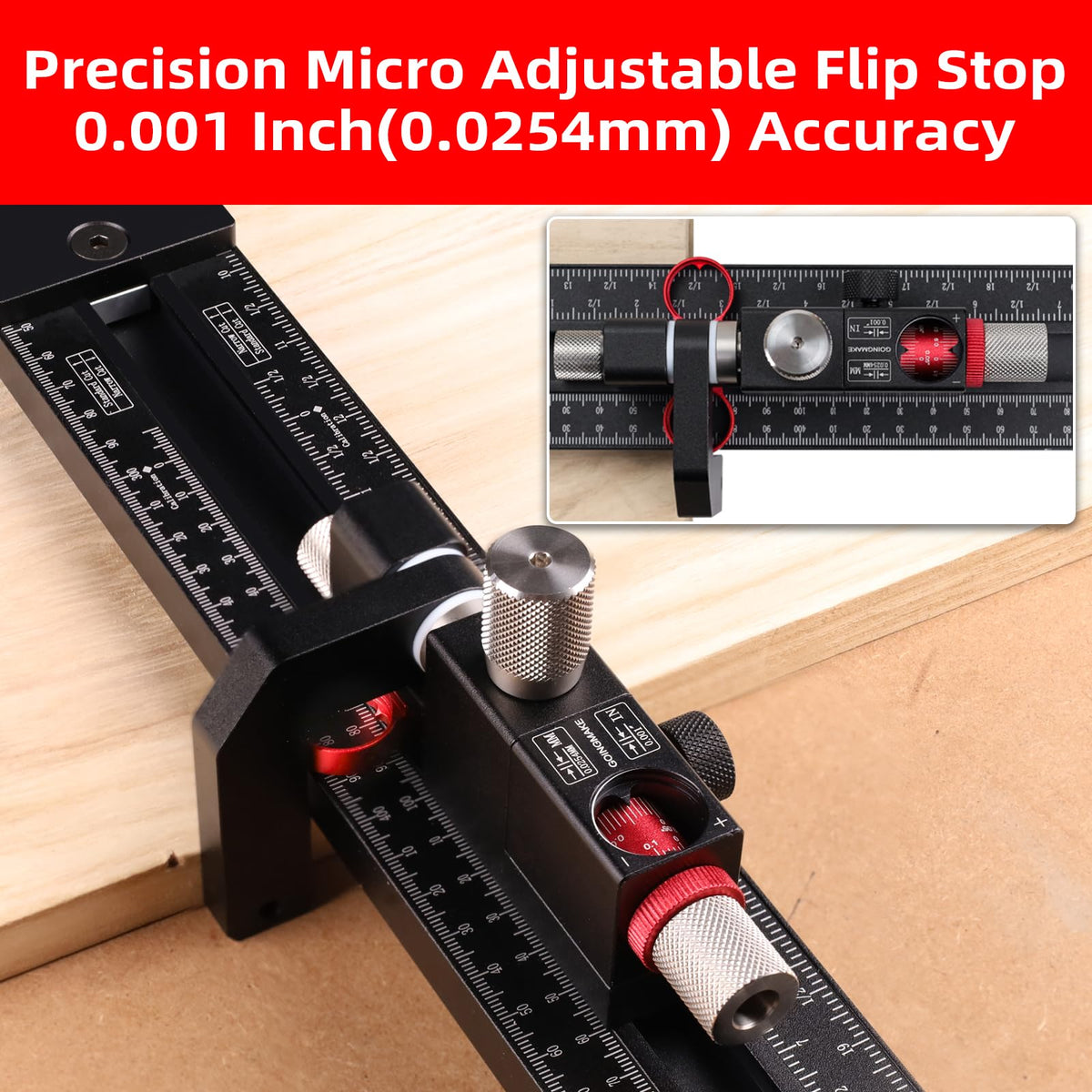 Goingmake micro adjustable flip stop providing accurate increments for consistent sheet cuts.