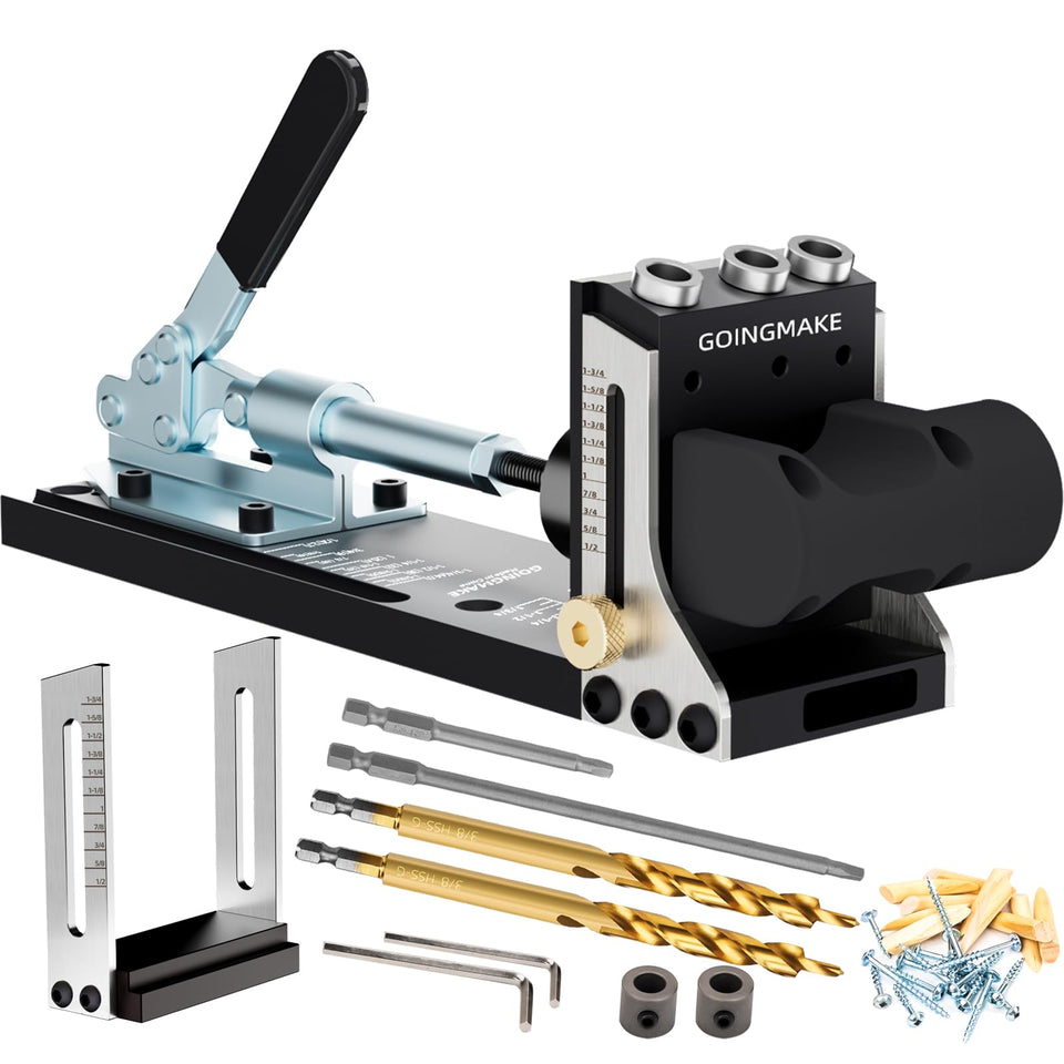 GOINGMAKE pocket hole jig aluminum body shows durable construction for precise joints.