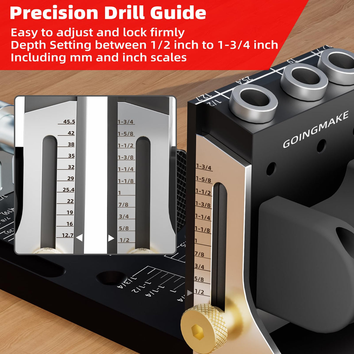GOINGMAKE pocket hole jig quick clamp action speeds setup for stable workpieces.
