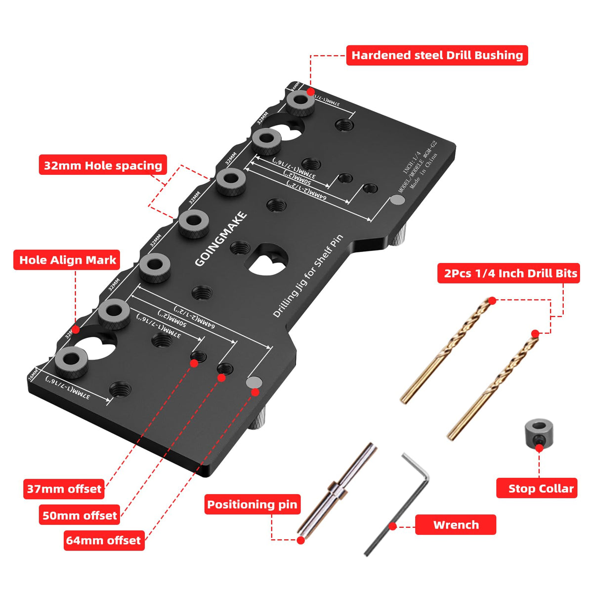 GOINGMAKE 7-guide drill setup ensures quick, accurate straight holes across multiple pins.