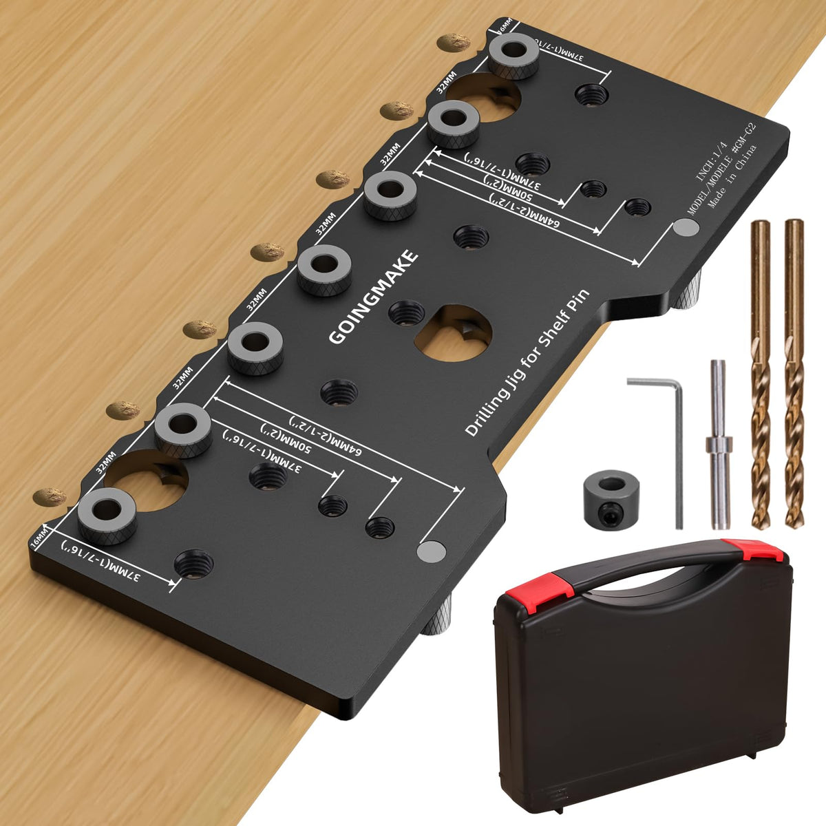 GOINGMAKE shelf pin jig in aluminum body delivers precise hole alignment for sturdy shelves.