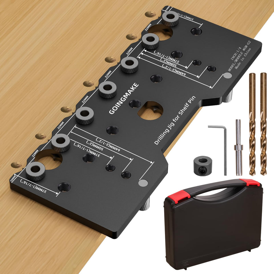 GOINGMAKE shelf pin jig in aluminum body delivers precise hole alignment for sturdy shelves.