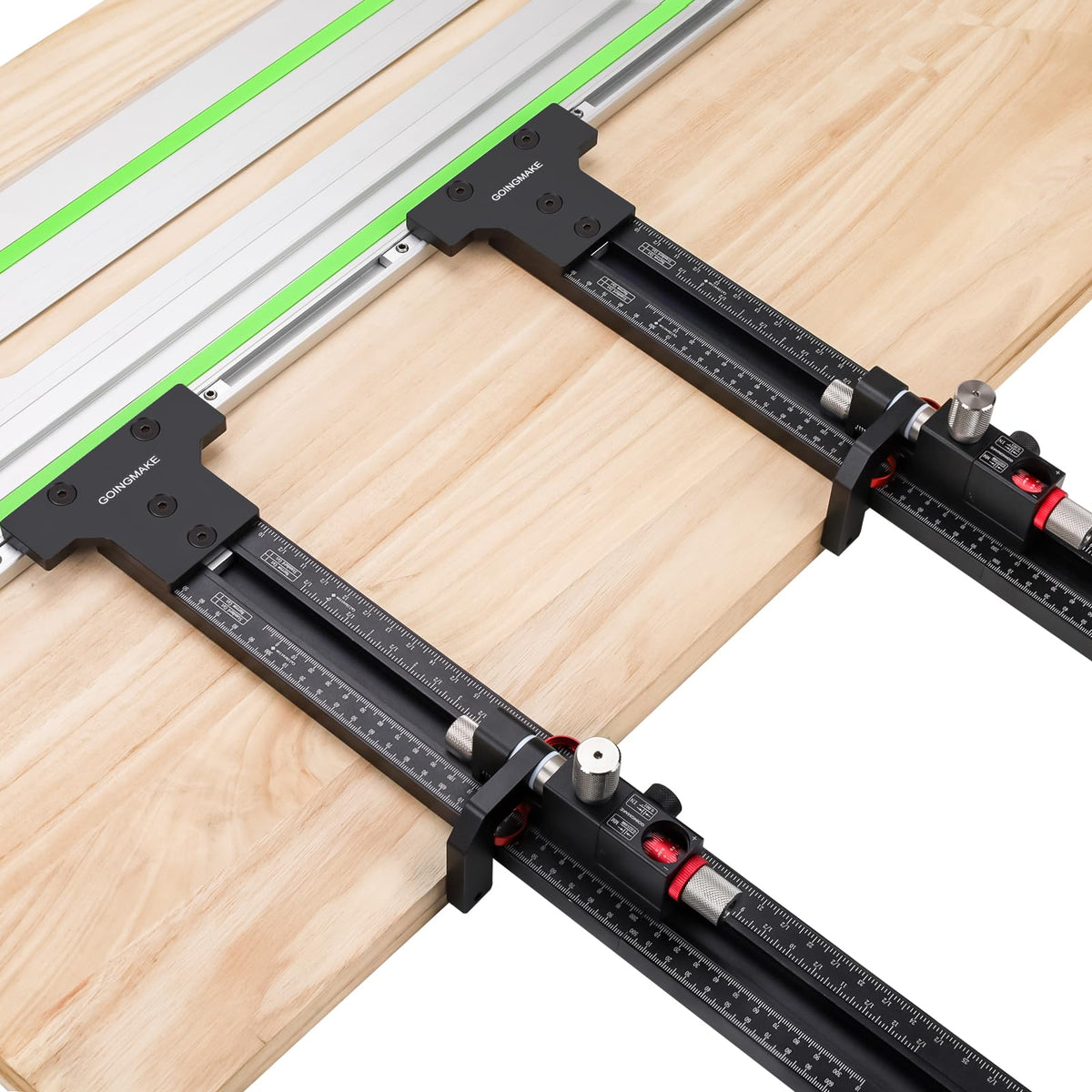 Goingmake track saw parallel guide showing precise alignment for repeatable cuts on a guide rail.